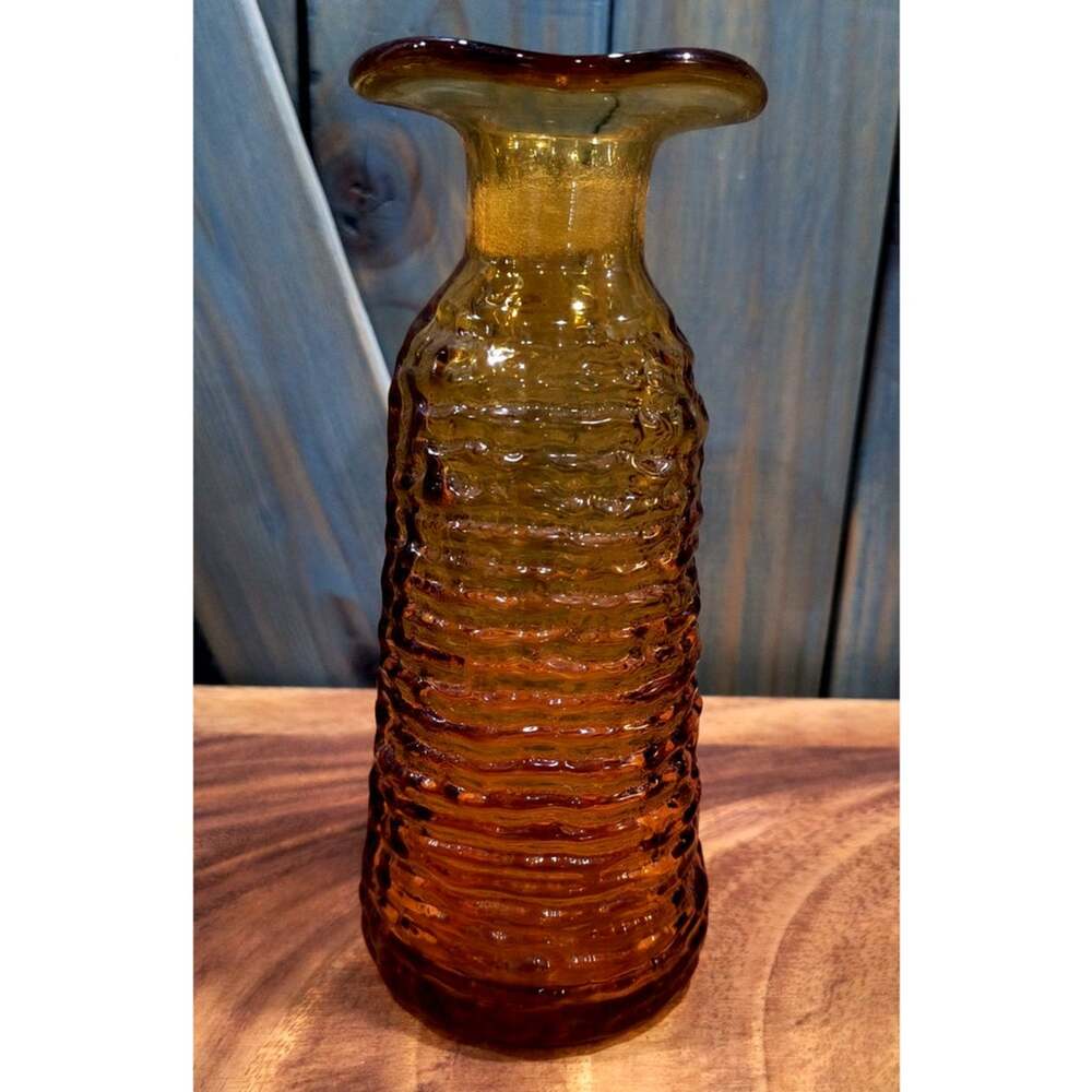 604 Vintage Amber Vase Ribbed Glass Stretched Rim